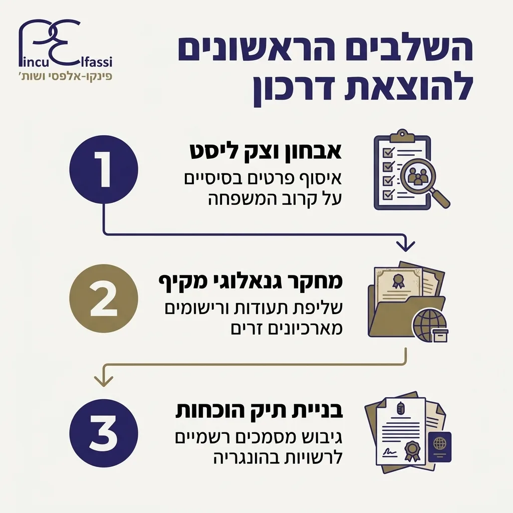 אינפוגרפיקה — השלבים הראשונים להוצאת דרכון: אבחון וצק ליסט, מחקר גנאלוגי מקיף, בניית תיק הוכחות