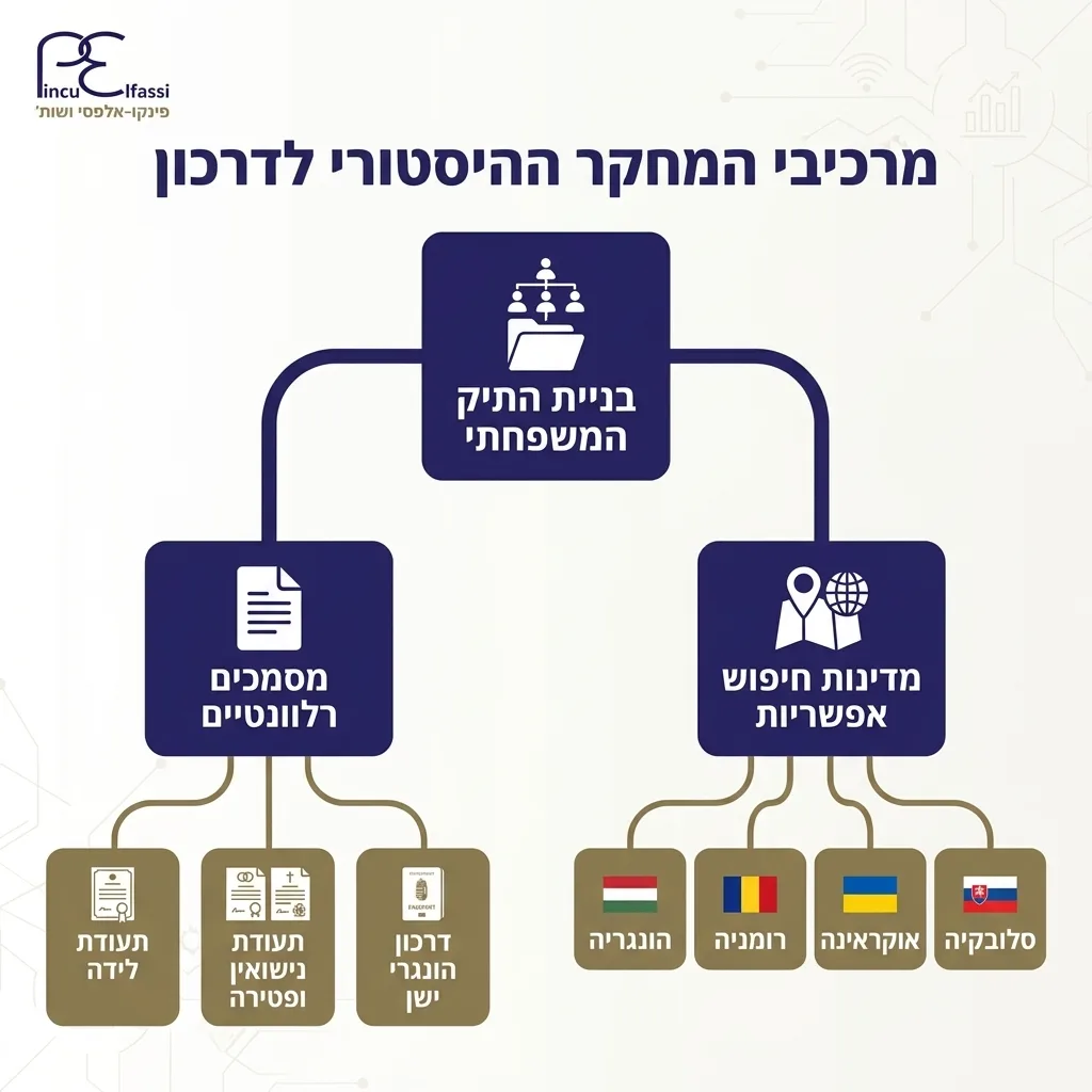 אינפוגרפיקה — מרכיבי המחקר ההיסטורי לדרכון: בניית התיק המשפחתי