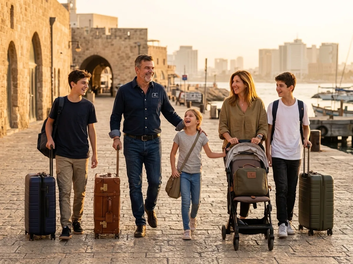 צילום פוטו-ריאליסטי של משפחה ישראלית מטיילת בנמל יפו עם מזוודות, הבעות פנים שמחות, תאורת שקיעה חמימה ופוקוס על האנשים