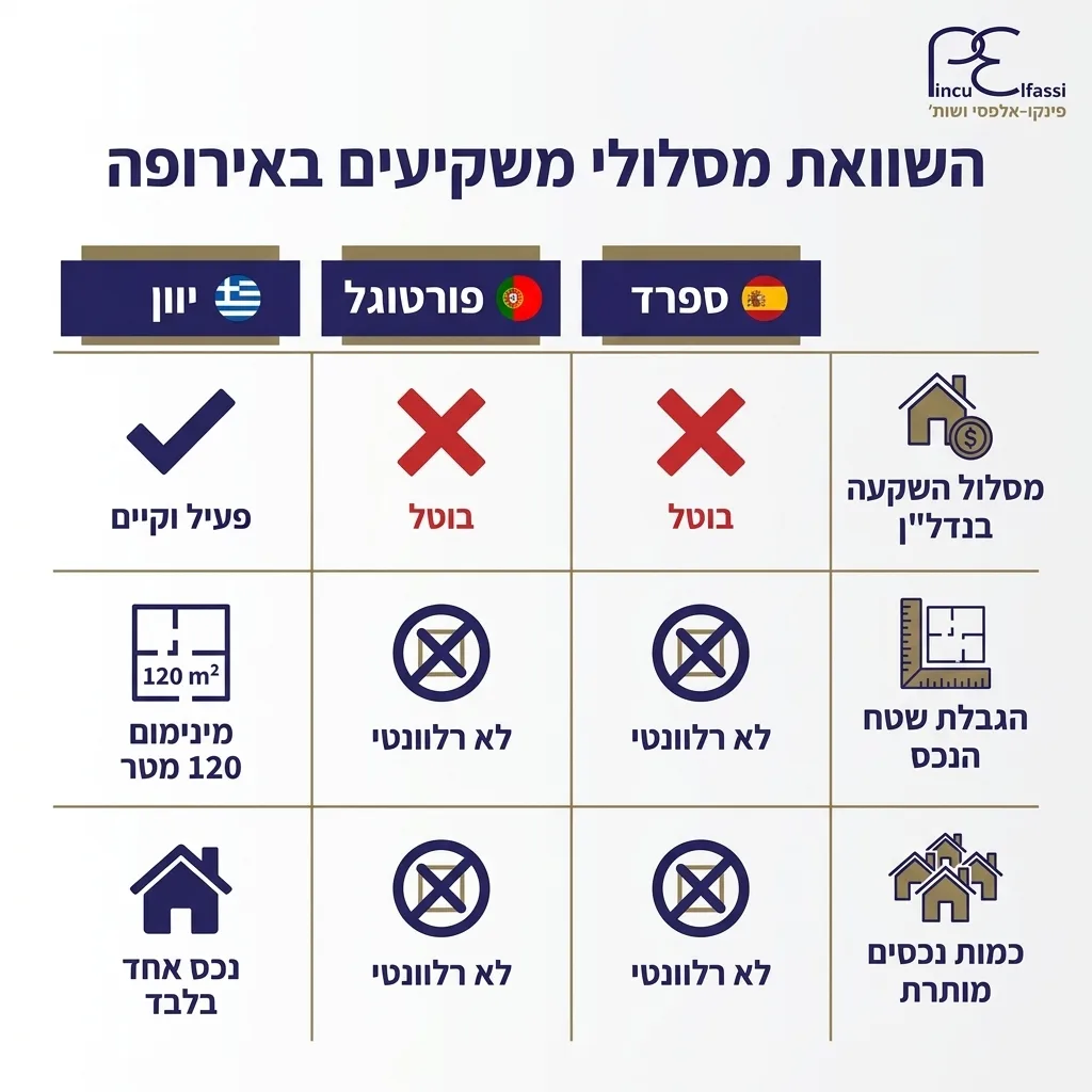 אינפוגרפיקה — השוואת מסלולי משקיעים באירופה: השוואה בין יוון, פורטוגל, ספרד