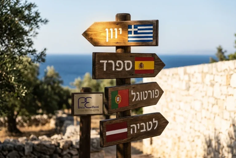 תמונה קונספטואלית של שלטי הכוונה עם דגלי יוון, ספרד, פורטוגל ולטביה, כאשר החץ של יוון מואר.