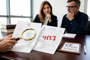 דף בקשה להגירה עם חותמת אדומה גדולה 'Rejected', ולצידו זכוכית מגדלת הבוחנת מסמך אישור עו"ד.