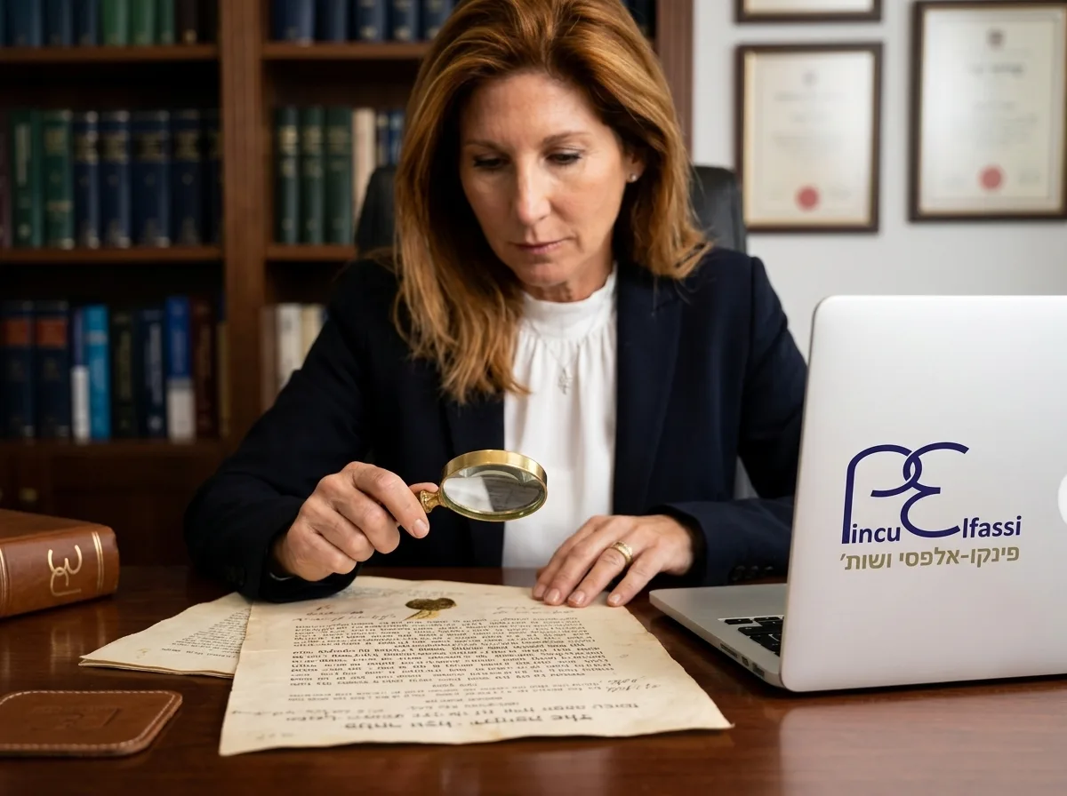 צילום מקצועי של עורכת דין ישראלית יושבת במשרד, בודקת בקפידה מסמכים היסטוריים עם זכוכית מגדלת קטנה, פוקוס חד על המסמכים, אווירה רצינית ומקצועית