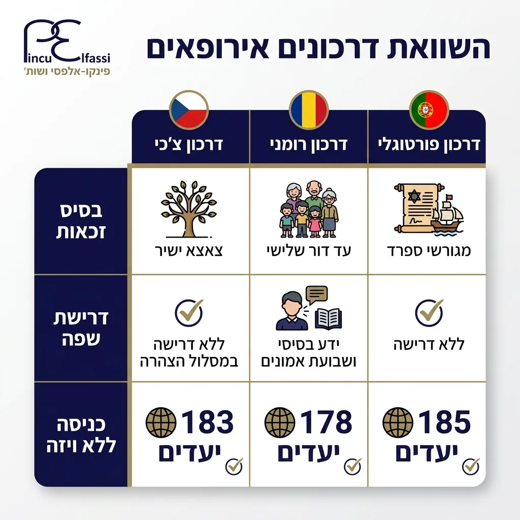 אינפוגרפיקה — השוואת דרכונים אירופאים: השוואה בין דרכון צ'כי, דרכון רומני, דרכון פורטוגלי