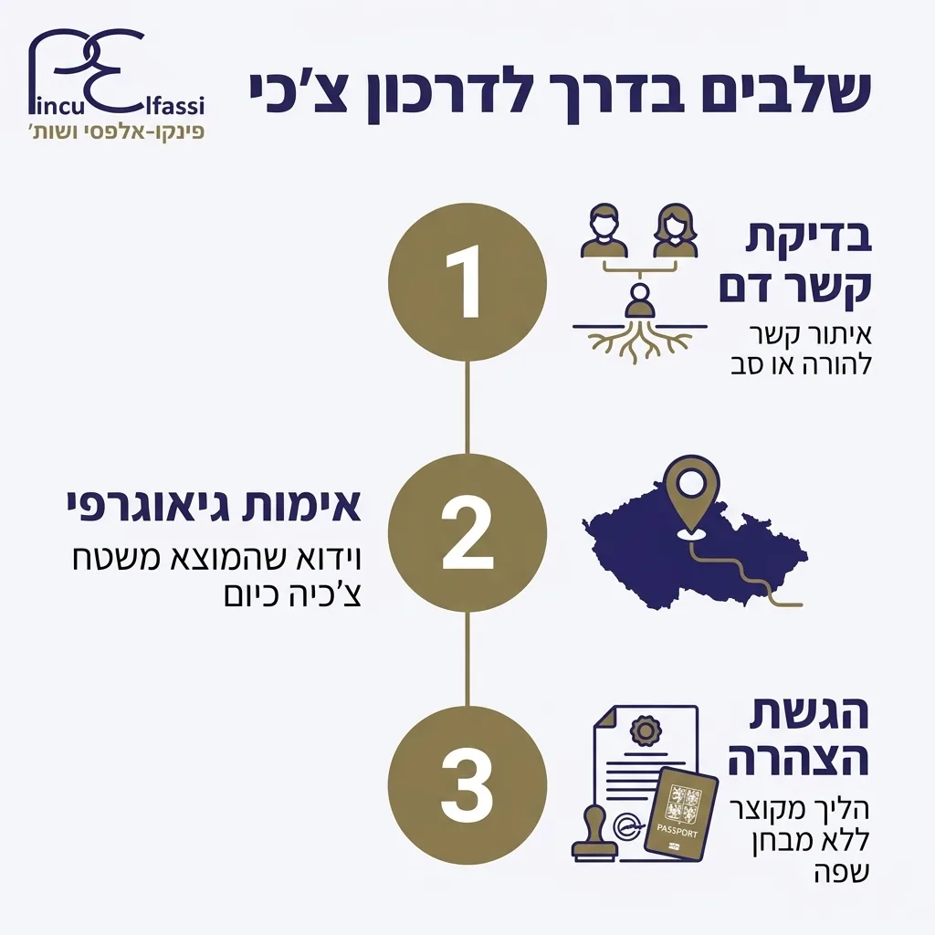 אינפוגרפיקה — שלבים בדרך לדרכון צ'כי: בדיקת קשר דם, אימות גיאוגרפי, הגשת הצהרה
