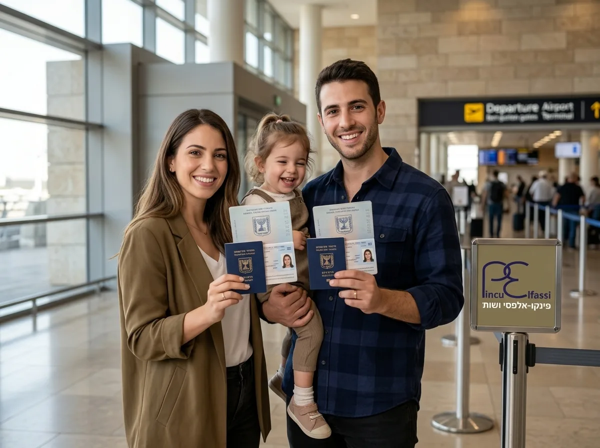 צילום ריאליסטי של משפחה ישראלית צעירה מחייכת, מחזיקה דרכונים ביד בכניסה לטרמינל נמל תעופה, תאורה טבעית וחדות גבוהה