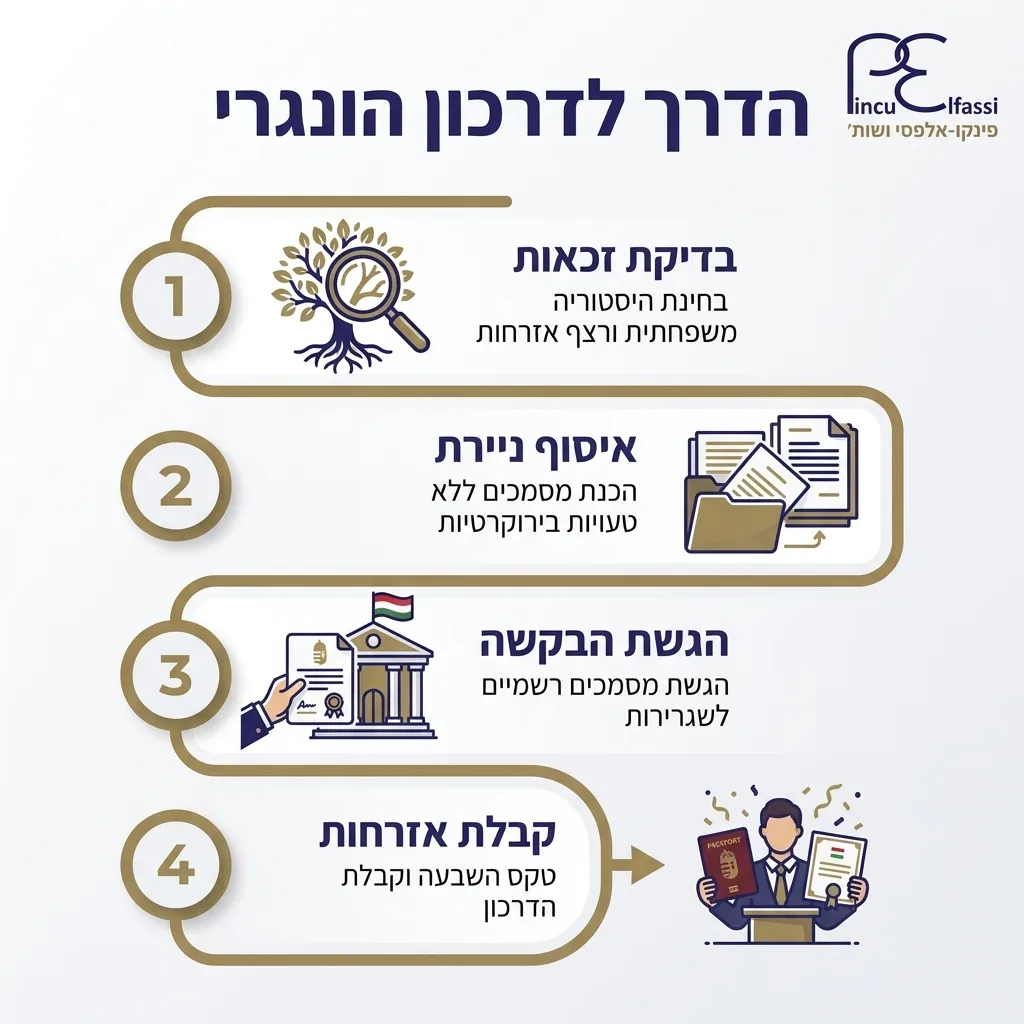 אינפוגרפיקה — הדרך לדרכון הונגרי: בדיקת זכאות, איסוף ניירת, הגשת הבקשה, קבלת אזרחות
