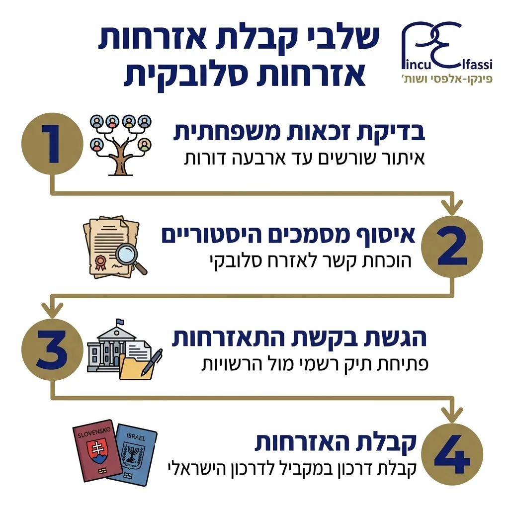אינפוגרפיקה — שלבי קבלת אזרחות סלובקית: בדיקת זכאות משפחתית, איסוף מסמכים היסטוריים, הגשת בקשת התאזרחות, קבלת האזרחות