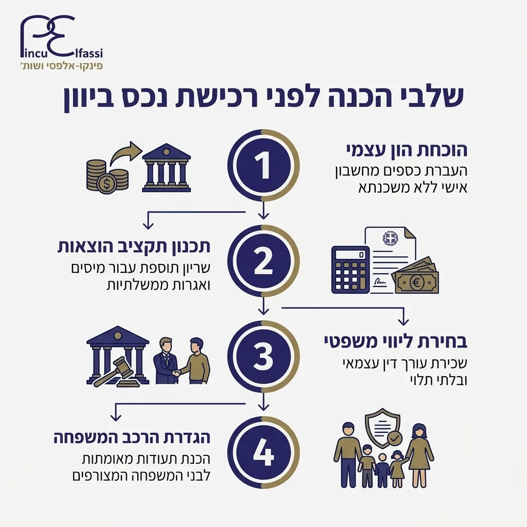 אינפוגרפיקה — שלבי הכנה לפני רכישת נכס ביוון: הוכחת הון עצמי, תכנון תקציב הוצאות, בחירת ליווי משפטי, הגדרת הרכב המשפחה