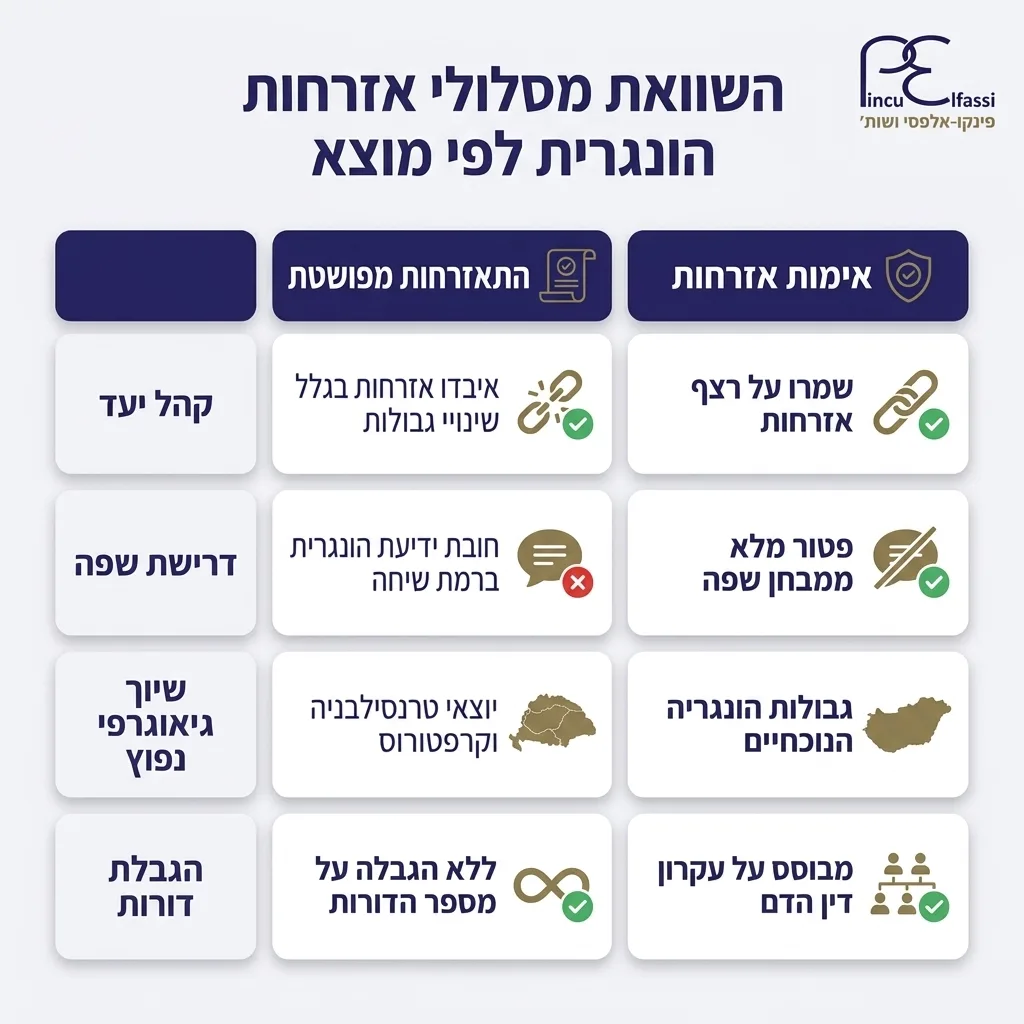 אינפוגרפיקה — השוואת מסלולי אזרחות הונגרית לפי מוצא: השוואה בין אימות אזרחות, התאזרחות מפושטת