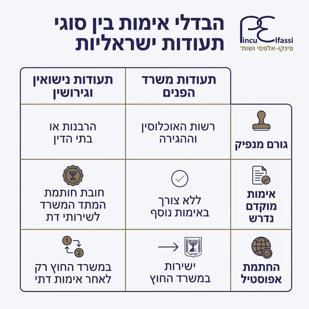אינפוגרפיקה — הבדלי אימות בין סוגי תעודות ישראליות: השוואה בין תעודות משרד הפנים, תעודות נישואין וגירושין