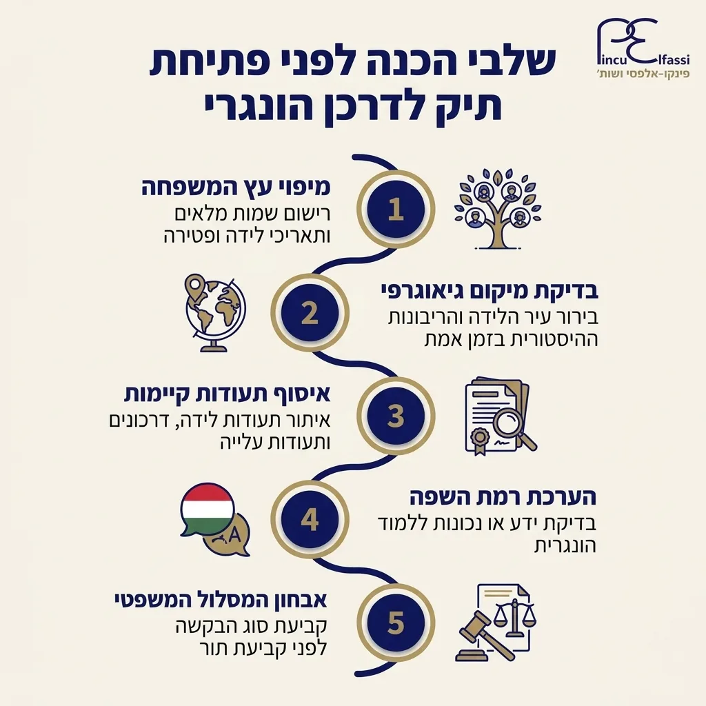 אינפוגרפיקה — שלבי הכנה לפני פתיחת תיק לדרכון הונגרי: מיפוי עץ המשפחה, בדיקת מיקום גיאוגרפי, איסוף תעודות קיימות, הערכת רמת ה
