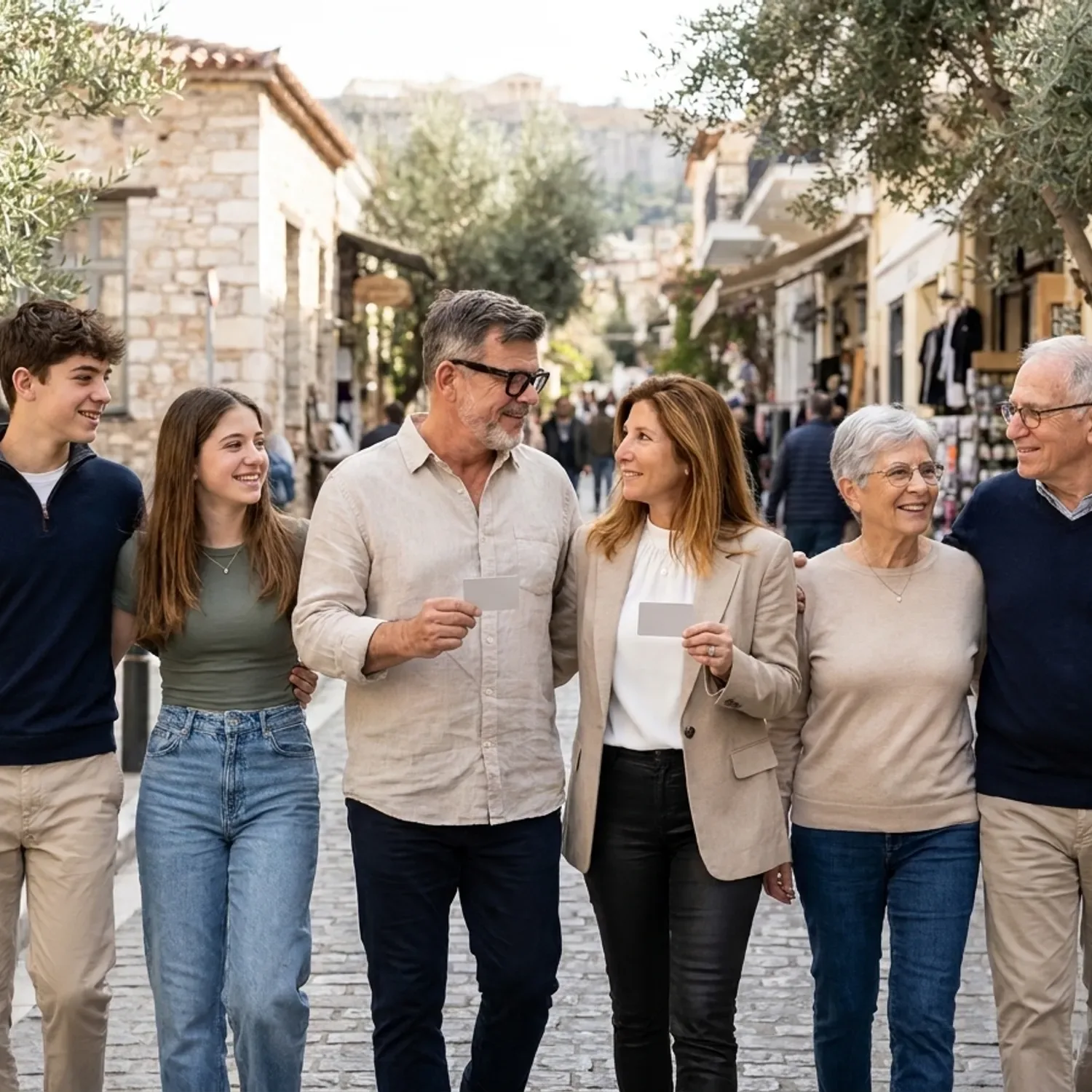 צילום פוטו-ריאליסטי באור יום טבעי של משפחה ישראלית רב-דורית, הורים בשנות ה-40, שני ילדים מתבגרים וסבא וסבתא בלבוש יומיומי מכובד, צועדים יחד ברחוב נאה באתונה עם בתי אבן נמוכים ועצי זית, ההורים מחזיקים בידם כרטיסי תושב חכמים, אווירה רגועה ואמיתית