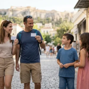 משפחה ישראלית מטיילת באתונה כשההורים מחזיקים תעודות תושב (כרטיסים חכמים).