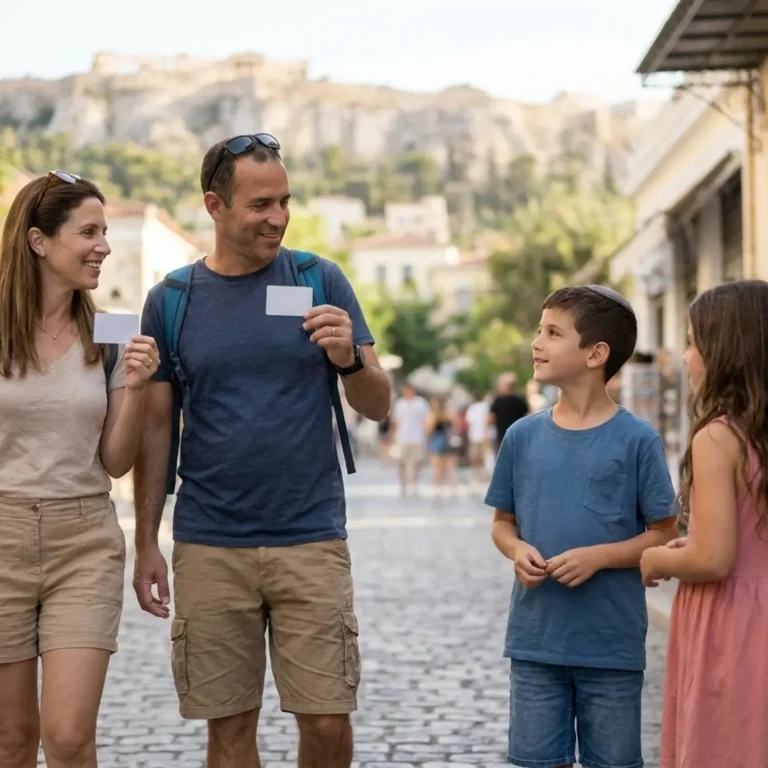 משפחה ישראלית מטיילת באתונה כשההורים מחזיקים תעודות תושב (כרטיסים חכמים).